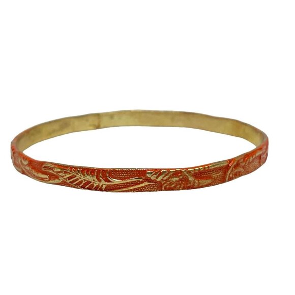 Orange Enamel Embossed Bangle Bracelet Gold Tone Retro Modern Classic Elegant - Picture 1 of 4